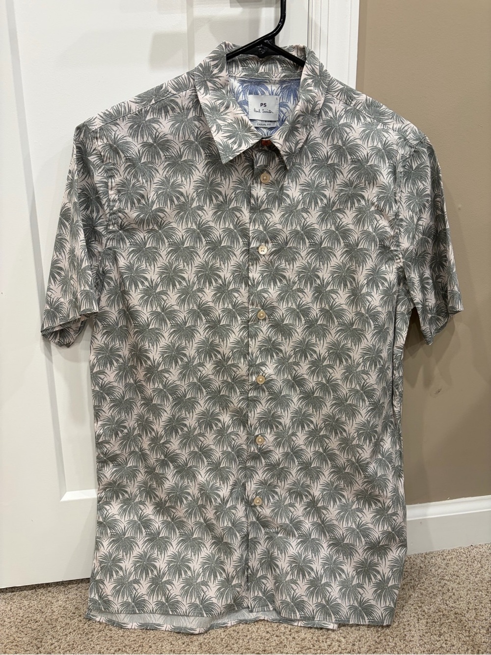 Paul Smith Short-Sleeve Palm-Print Button-Down Shirt in Light Gray and Olive